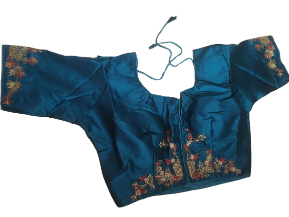 Raw Silk Teal blue Designer Blouse 46